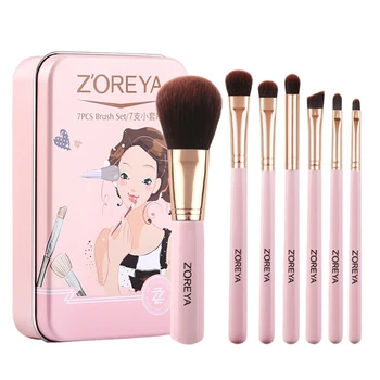 

Zoreya 7Pcs/Set Makeup Brushes In Iron Box Wooden Handle Face Powder Brush Beauty Cosmetic Pink Eyeshadow Brush Pink
