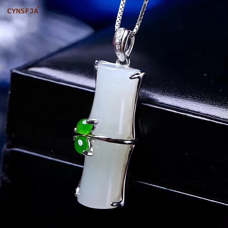 CYNSFJA Real Certified Natural Hetian Jade 925 Sterling Silver Fine Jewelry Amulets Bamboo Jade Pendant High Quality Best Gifts