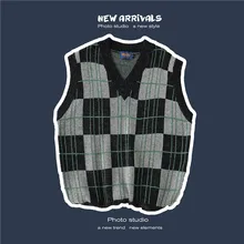 Клетчатый свитер, жилет, мужская мода, Ретро стиль, повседневный вязаный пуловер с v-образным вырезом, Мужская Уличная одежда, свободный свитер без рукавов, мужская одежда
