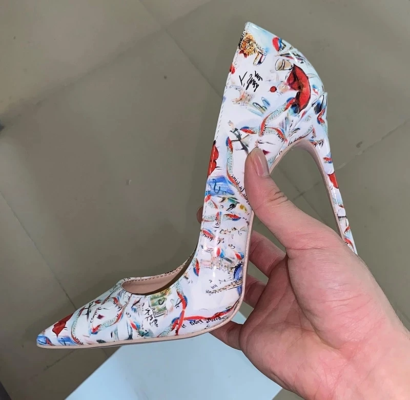 

Sexy Red Lips Tower Printing Pumps Thin Heels Party Dress Shoes Woman Multi-color Floral Wedding Shoes 12 10 8cm Pumps