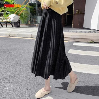 

2020 New Women Spring Autumn Elastic High Waist Skirts Solid Pleated Skirt Ladies Streetwear Casual Midi Skirt Faldas Jupe Femme