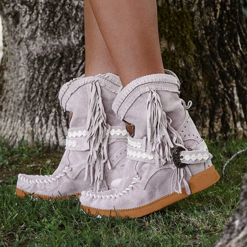 Fringe Middle Boots Women Sexy Tassel Boots Fashion Buckle Motorcycle Boots Flat Heel Boot Women Cowboy Style Bota Feminina
