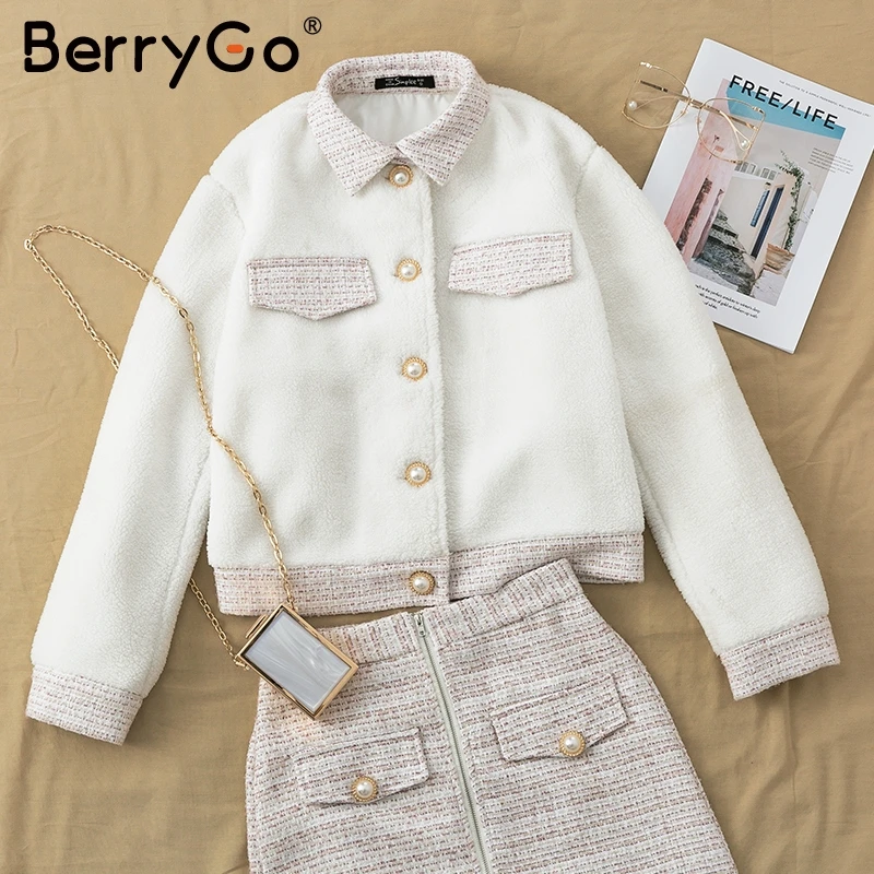 BerryGo Elegant office tweed warm faux fur Two-piece suits women Casual ladies Autumn winter fashion coat skirt two-pieces sets