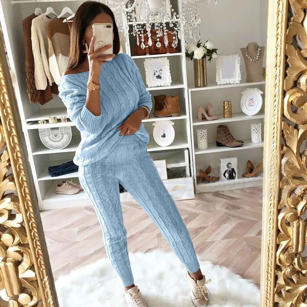 Women Autumn Winter Two Piece Set Knit Outfit Sweater Jumper Pants Trousers