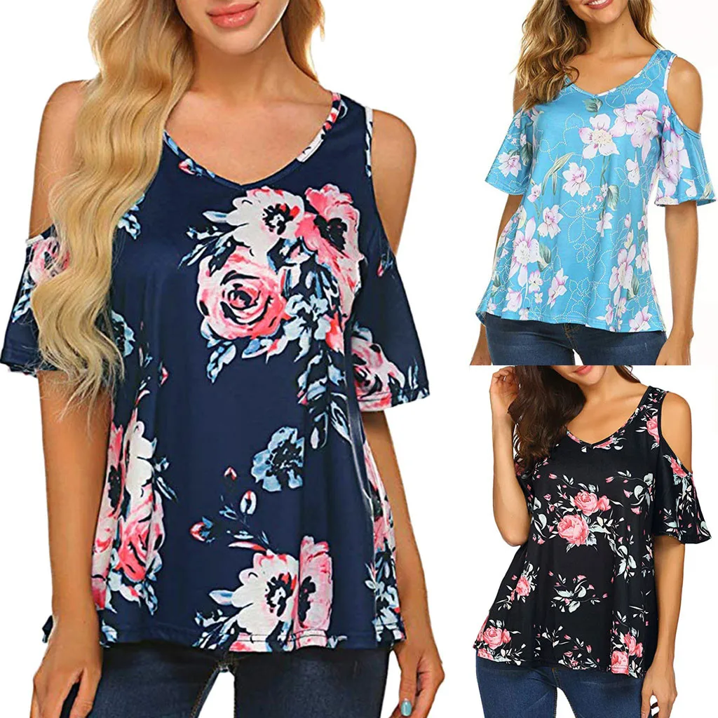 Женская футболка с цветочным принтом вырезы на плечах коротким рукавом топы Poleras