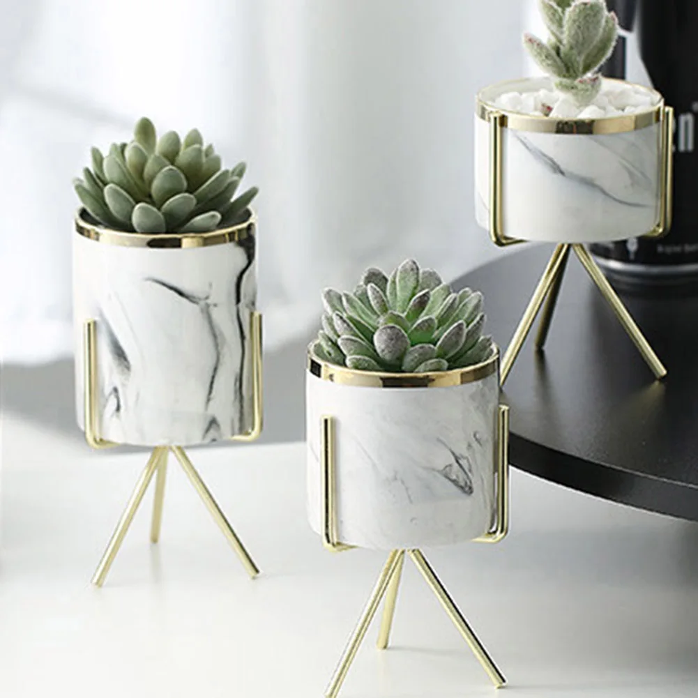 2Pcs Nordic Ceramic Flower Pot Metal Stand Garden Bonsai Plant Pot Home Decorations Garden macetas Planter Pot vasos para jardim