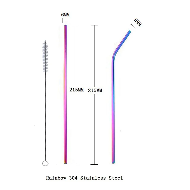 3pcs rainbow Многоразовые соломинки для питья, набор из нержавеющей стали 18/10, металлическая красочная соломинка с чистящей щеткой, вечерние аксессуары, 215 мм X 6 мм - Цвет: 3pcs rainbow