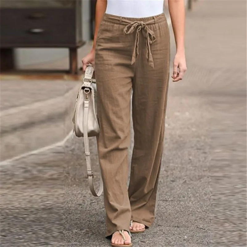 

2020 NEW Simple Elastic Waist Solid Color Women Cotton and Linen Wide Leg Pants Loose Straight Trousers Pantalones de mujer 5XL