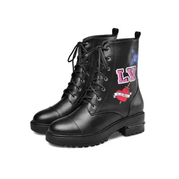 

New Women's Boots Full Leather Fashion Print Martin Boots Low Heel Round Boots Boots