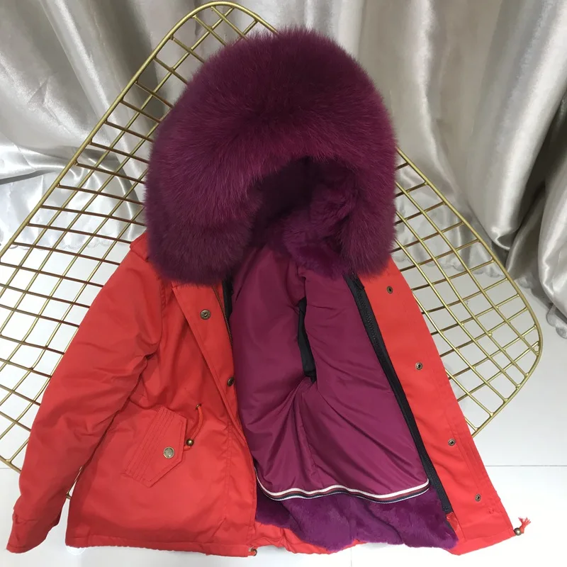 red rose purple fur Одежда для маленьких девочек зимняя куртка Настоящий мех кролика парка для девочек, зимние пальто с лисьим мехом, с капюшоном, отделка, одежда для маленьких мальчиков - Цвет: red rose purple fur