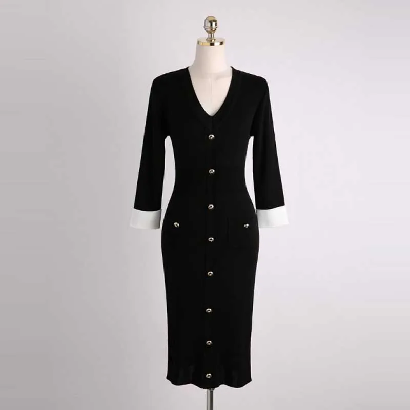 One-Piece Korean Woman Knit Dress 2020 Spring Autumn Fashion Single Breasted High Waist Slim Dresses Lady Elegant Dress Vestidos
