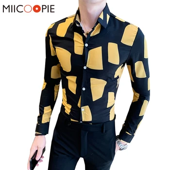 

Men Irregular Plaid Shirt Fashion Printed Long Sleeve Slim Fit Formal Mens Clothes Spring Party Business Male Casual Shirts