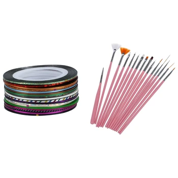 

45 Pcs Nail Art Kit: 30 Pcs Rolls Striping Tape Line Nail Art Sticker & 15 Pcs Nail Art Acrylic UV Gel Design Brush Set