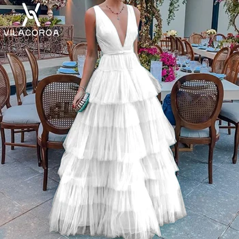

Summer White Mesh Dress Women's V-Neck Sleeveless Slim High Waist Ball Gown Long Dress Women Sexy Temperament Party Ropa Mujer