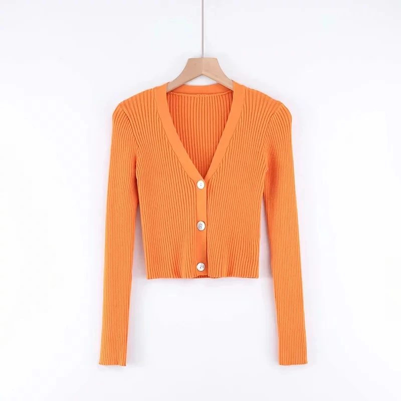 Сексуальный Укороченный кардиган с глубоким v-образным вырезом, Женский оранжевый, черный вязаный кардиган, уличная одежда с длинным рукавом, вязаный свитер, Корейская одежда - Цвет: Оранжевый