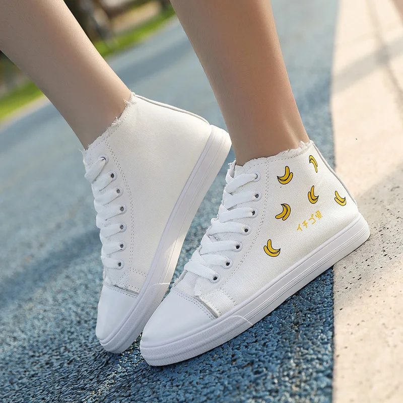 

White Shoes Women's 2019 Autumn New Style Korean-style Fashion Strawberry Banana Cloth Lace-up Comfortable Anti-slip Hight-top C