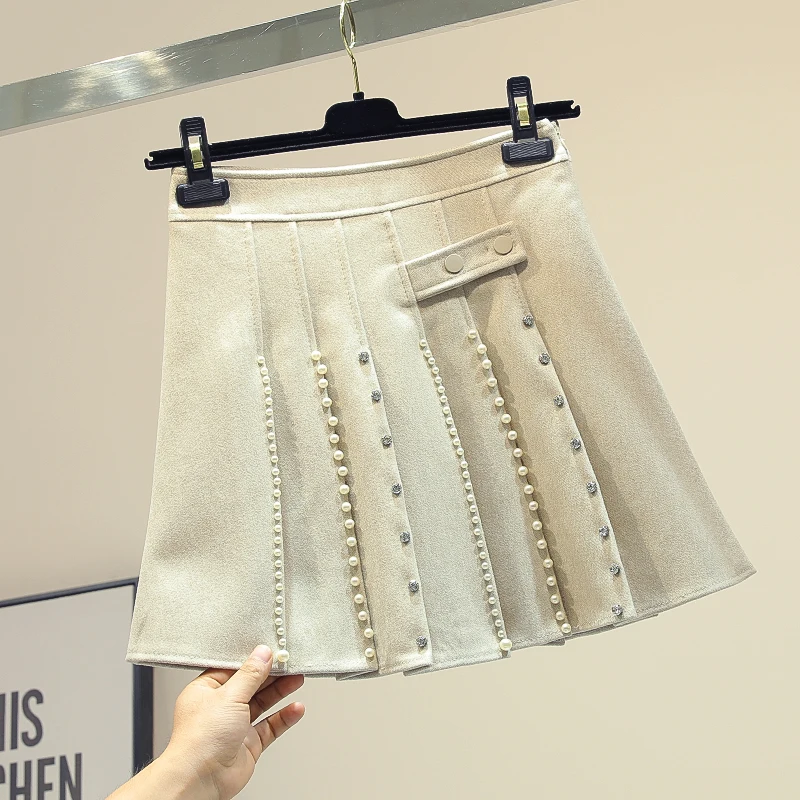 women skirt Diamond Beaded Pleated Skirt Women high waist pleated skirts femme