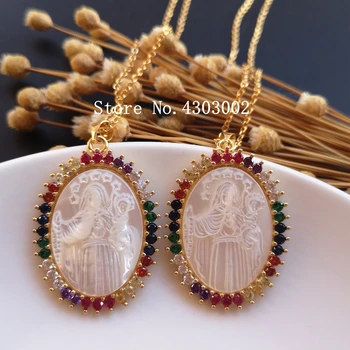 

promotion! Natural Lady of Mount Carmel Mother Pearl shell Necklace for Women AAA CZ Madonna Pearl shell Necklace for Gift