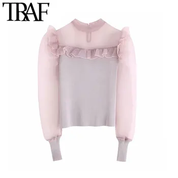 

TRAF Women Vintage Stylish Transparent Ruffles Organza Patchwork Blouses Fashion O Neck Long Sleeve Office Wear Shirts Chic Tops