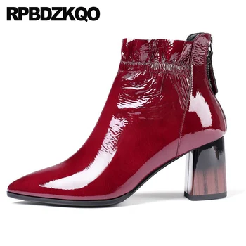 

10 high heel big size ankle boots luxury brand shoes women pointed toe winter wine red patent leather autumn chunky booties 2019