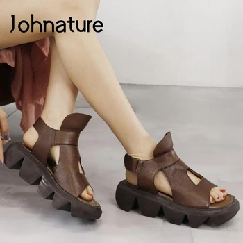

Johnature Retro Sandals Women Shoes Genuine Leather Summer Hook & Loop Flat With Casual Handmade Leisure Platform Ladies Sandals