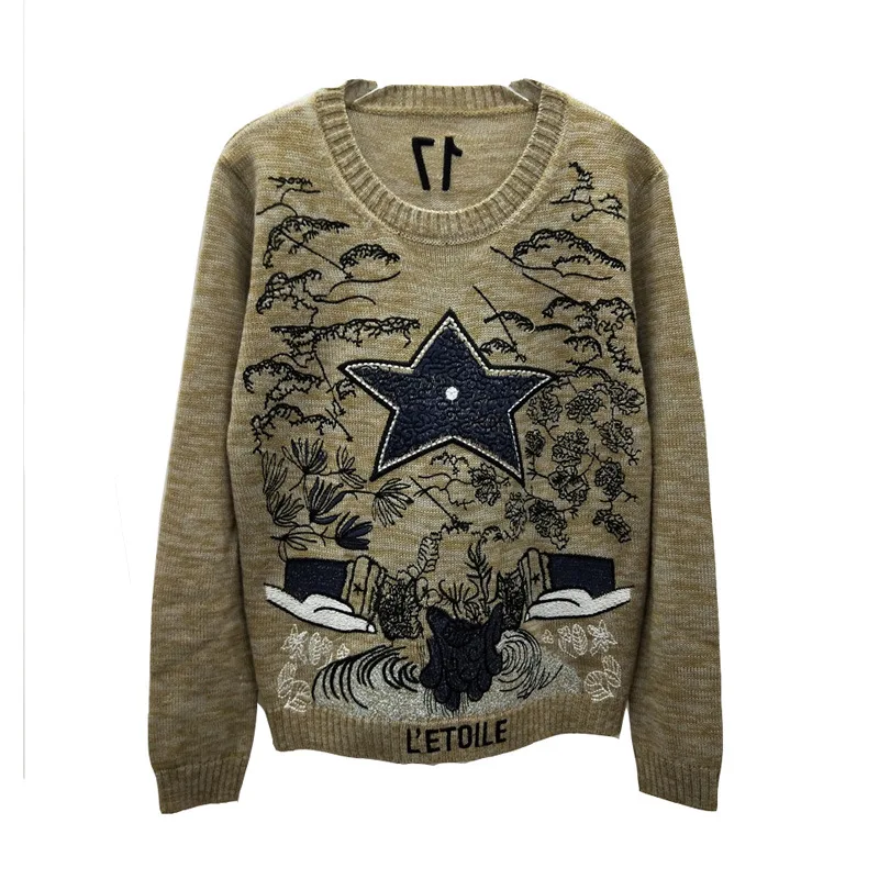 Новинка года; сезон весна; шерстяной свитер с круглым вырезом и вышивкой в виде пентаграммы 17 букв; вязаный свитер - Цвет: Хаки