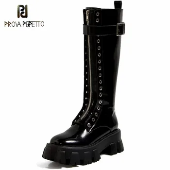 

Prova Perfetto Thick Bottom Boots Women Mature Metal Decoration Buckle Zapatos De Mujer Non-slip Mid Heel Autumn Motorcycle Boot