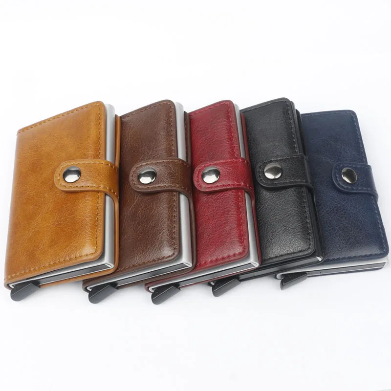 

Cowhide Men double Aluminum Credit Card Holder Automatic pop up Anti-theft Purse ID Cardholder RFID Metal Wallet Minimalist Mini