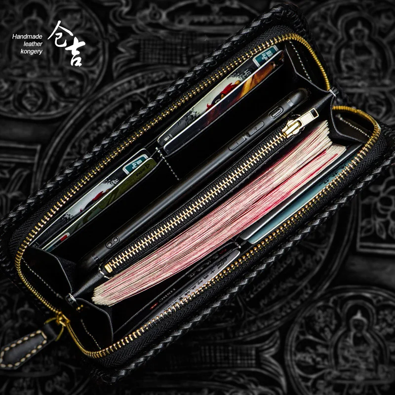 Кожаный кошелек ручной работы унисекс длинный бумажник на молнии в винтажном