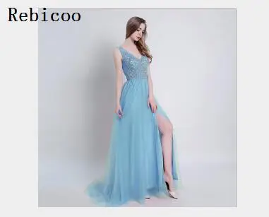 Vestido De Noiva, длинное розовое платье с аппликацией, кружевное, прозрачное, с вырезом, для торжественных случаев, для невесты, элегантное, для свадьбы, выпускного, вечерние, торжественное платье - Цвет: Небесно-голубой
