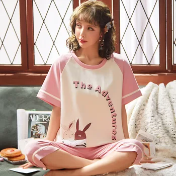 

Cotton Female Pijamas Suit Pajamas Sleep Set Summer Casual 2PCS Sleepwear Short Nightwear Print Cartoon Home Clothes Sleep Set