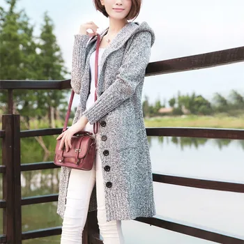 

Long Women Sweater Cardigan Autumn Casual Knitting Sweater Pockets Women Hooded Sweaters Coat