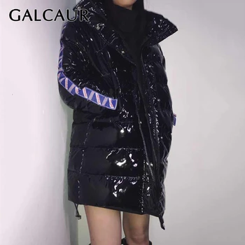 

GALCAUR Spliced Printed Parkas Women Long Sleeve Stand Collar Black Coat Tops Female Fashion Clothes 2020 Winter New