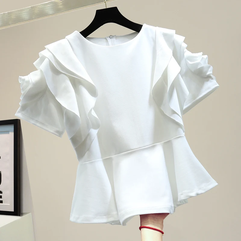 

Crop Top for Women 2020 Summer Loose Top Fashion Three-Dimensional Ruffles Shirts Ladies White Black Tops Blusas