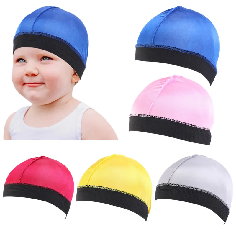 

New Elastic Band Silky Satin Kids Bonnet Children Baby Dome Wave Caps Elastic Stretch Hair Cover Hat Night Sleep Cap For 3-8Y