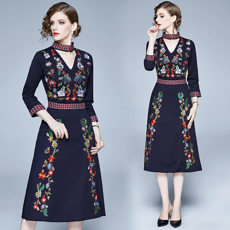 Осенние вечерние платья миди с цветочной вышивкой в стиле ретро, Moda Mujer, женские платья больших размеров для подиума, Vetement Femme K6588