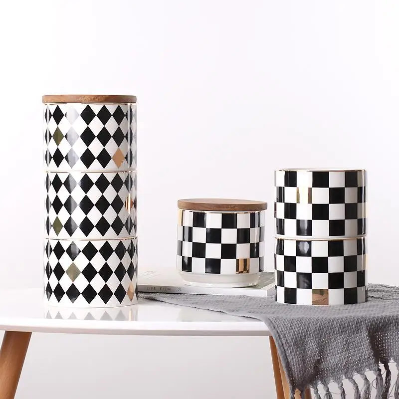 Nordic Lattice Ceramic Jars For Spices Slimes Wood Lid Cans For Storage Bottle Jar Kitchen Coffee Tea Candy Cane Container Bank