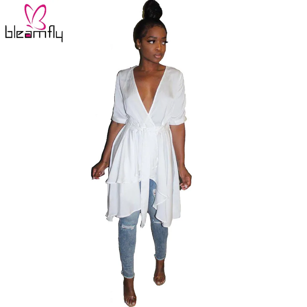 

2019 Summer Women Half Length Sleeve Deep V-neck Irregular Blouses Shirts Dress Female Fashion Elegant Dresses Casual Vestidos