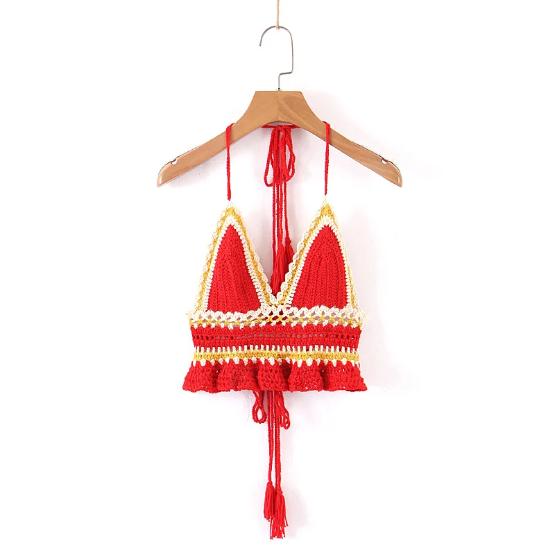 Everkaki Boho Трикотажная майка короткий топ женский с кисточками пляжный кружевной вязаный жилет сексуальный топ без спины Camis женский лето осень