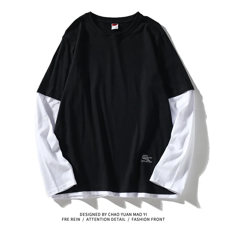 Camiseta de manga larga con cuello redondo para hombre, camiseta de gran tamaño falsa de dos piezas, informal, alta calidad, otoño y primavera, 2021