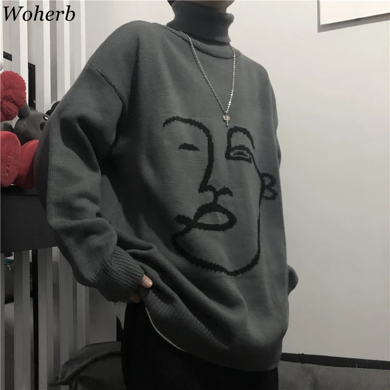 Woherb Водолазка с длинным рукавом свитер женский абстрактный жаккард Harajuku винтажные пуловеры Джемперы корейская мода BF Стиль 91363