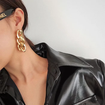 

GHIDBK Hyperbole Hip Hop Long Thick Chain Metal Stud Earrings Unisex Statement Shaped O Hollow Nice Earring Street Style Earring