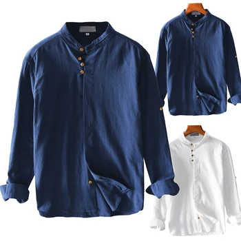 

Helisopus Autumn New Mens Shirts Long Sleeve Cotton Linen Shirts Casual Solid Color Streetwear Loose Fashion Stand Collar Tops