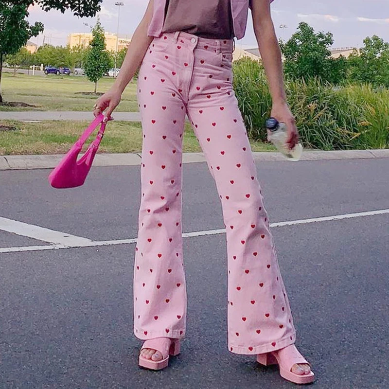 Women Wide Leg Jeans Love Print Heart 