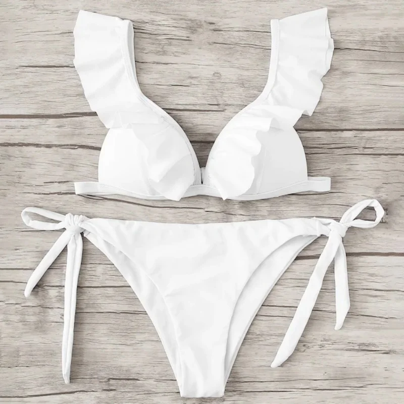 

Summer Bikinis Set Solid Color Ruffle Split Swimsuit Set Sexy Slim Fit Deep V Bra And Lace-up Panty Two Piece Beachwear