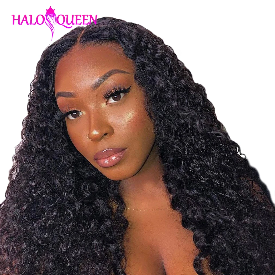 

HALOQUEEN Kinky Curly Bundles with 13x4 Frontal Closure Brazilian Lace Frontal with Bundles Remy Human Hair Bundles With Closure