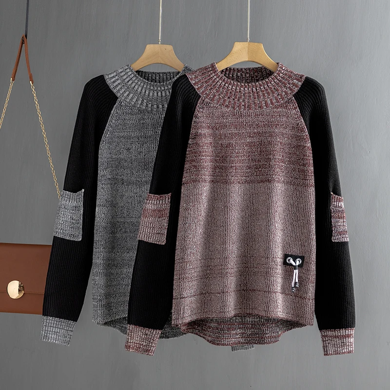 

GIGOGOU Plus Size XL-4XL Women Turtleneck Sweater Oversize Med-Long Pullover Sweaters Color Block Thick Knitted Female Jumper