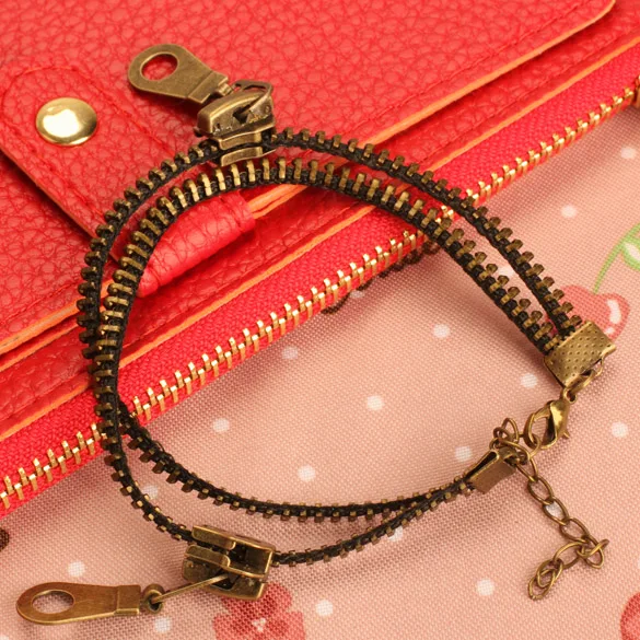 

Vintage Zipper Anklet Bracelet Double Chain Bangle Bronze for Girl Boys