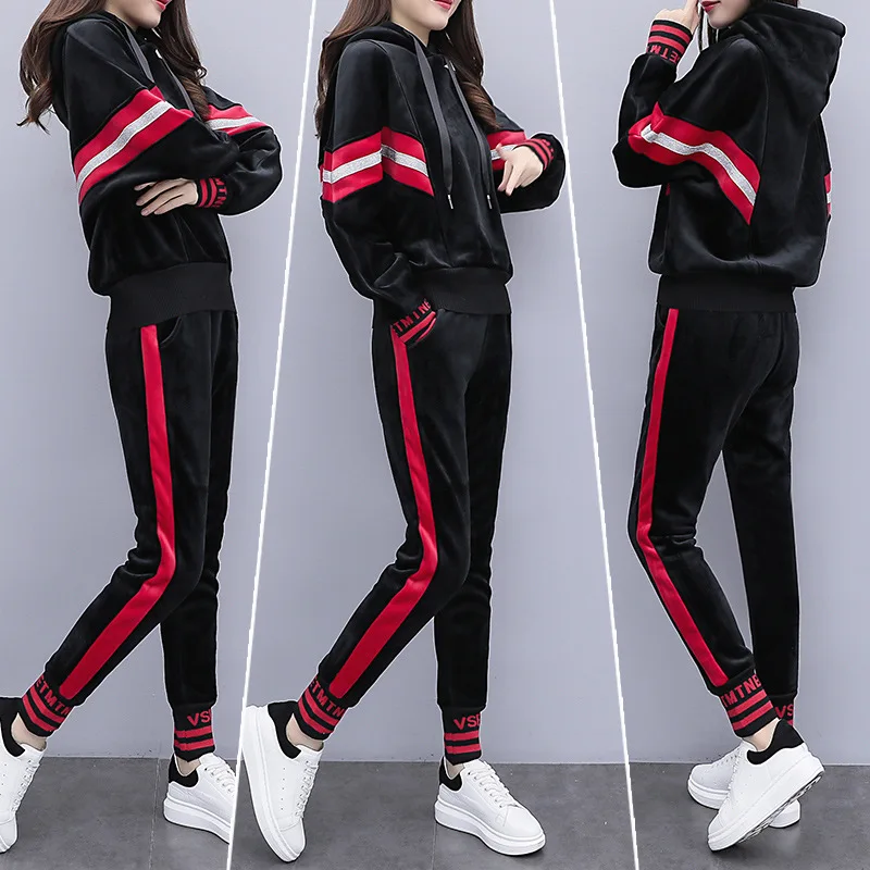 

L-4xl 2 Piece Tracksuit Women Velvet Hoodie Sweatshirt Female Warm Pullover Suits Women's Sport Suit Set Tracksuit for Women
