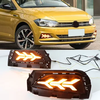 

1Pair Car DRL LED Daytime Running Light Fog Lamp Sequential Yellow Turn Signal Function For Volkswagen Polo 2019 2020